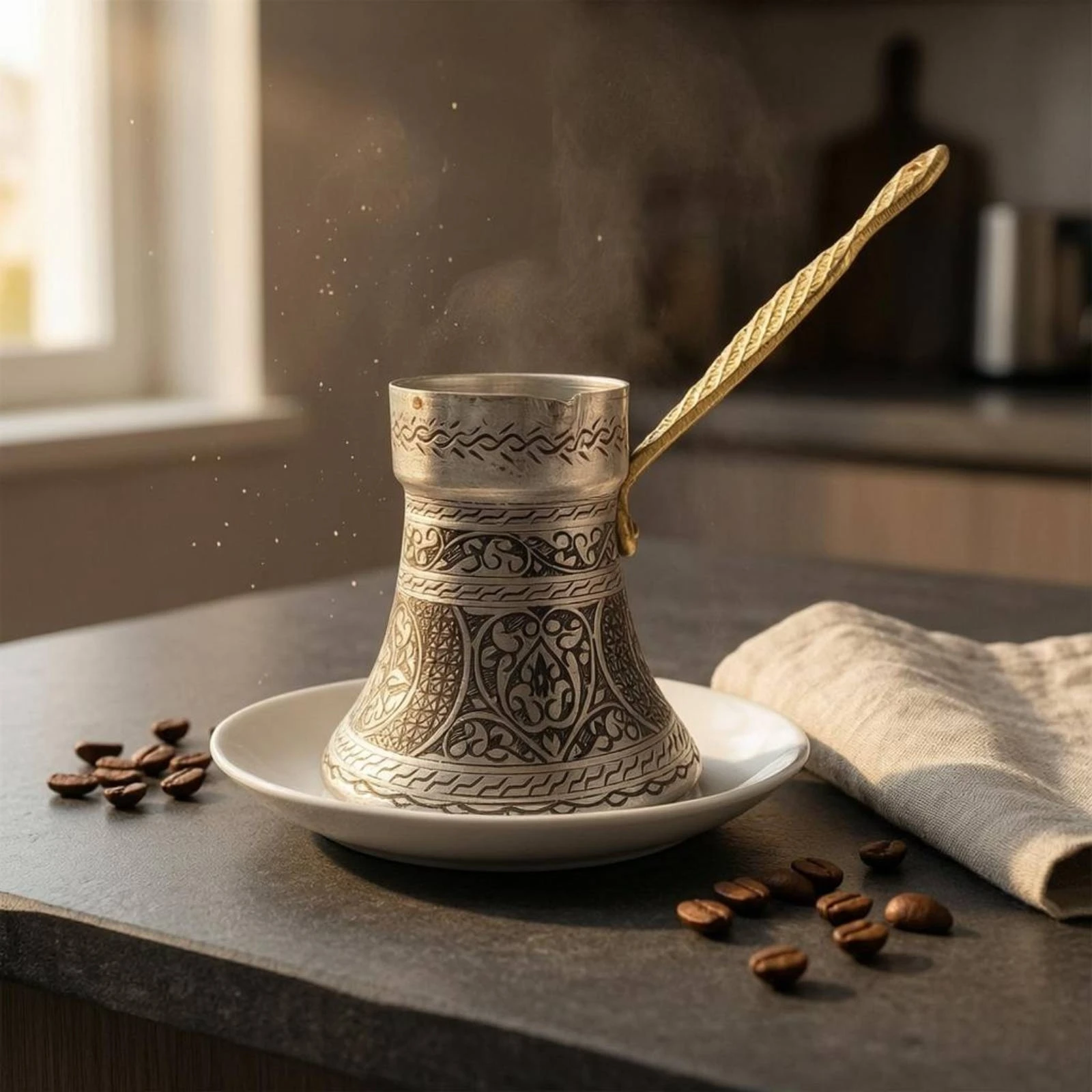 Turkish Coffee Pot Long Handle Ibrik Coffee Brewer Kitchenware Silver-Toned Tableware Traditional Design view 3
