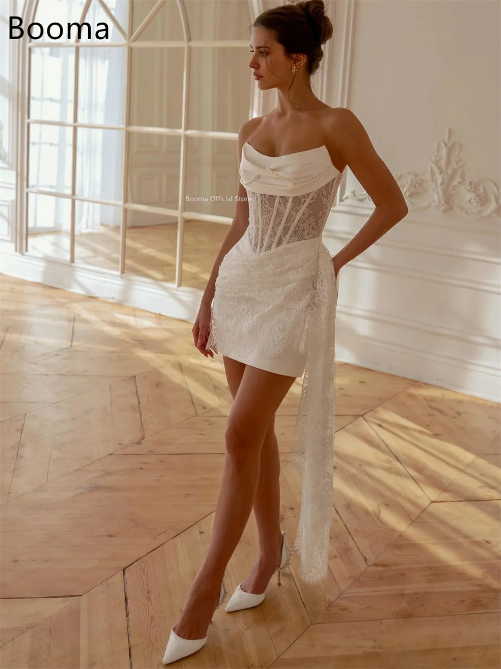 Booma a-line فساتين زفاف صغيرة بسيطة من الدانتيل واللؤلؤ مطوي بسيط بدون حمالات بدون أكمام فستان عرائس مصنوع حسب الطلب 2025 #3