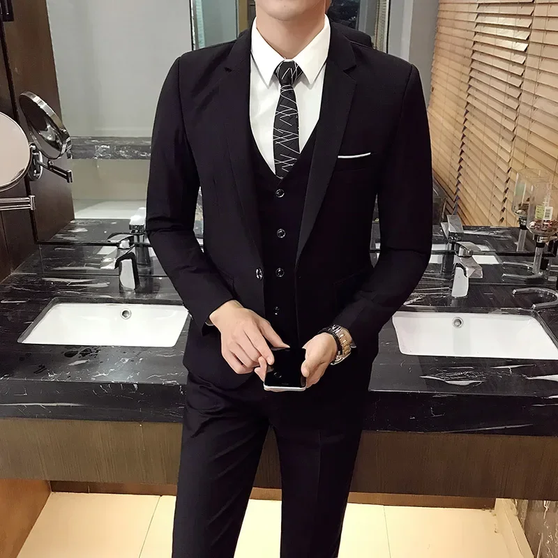 ( Jacket Vest Pants ) Mens Casual Business Formal Thin Solid Color Suit 3Pcs & 2Pcs High-end Groom Wedding Dress Blazer Trousers