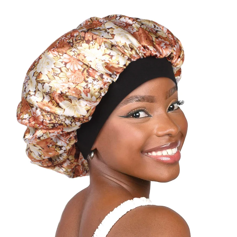 Frauen Satin Motorhaube Elastische Breite Band Blumen Druck Nacht Schlaf Hut Haarausfall Kopf Wrap Chemo Haarpflege Dusche Make-Up Kappe – Detail 9