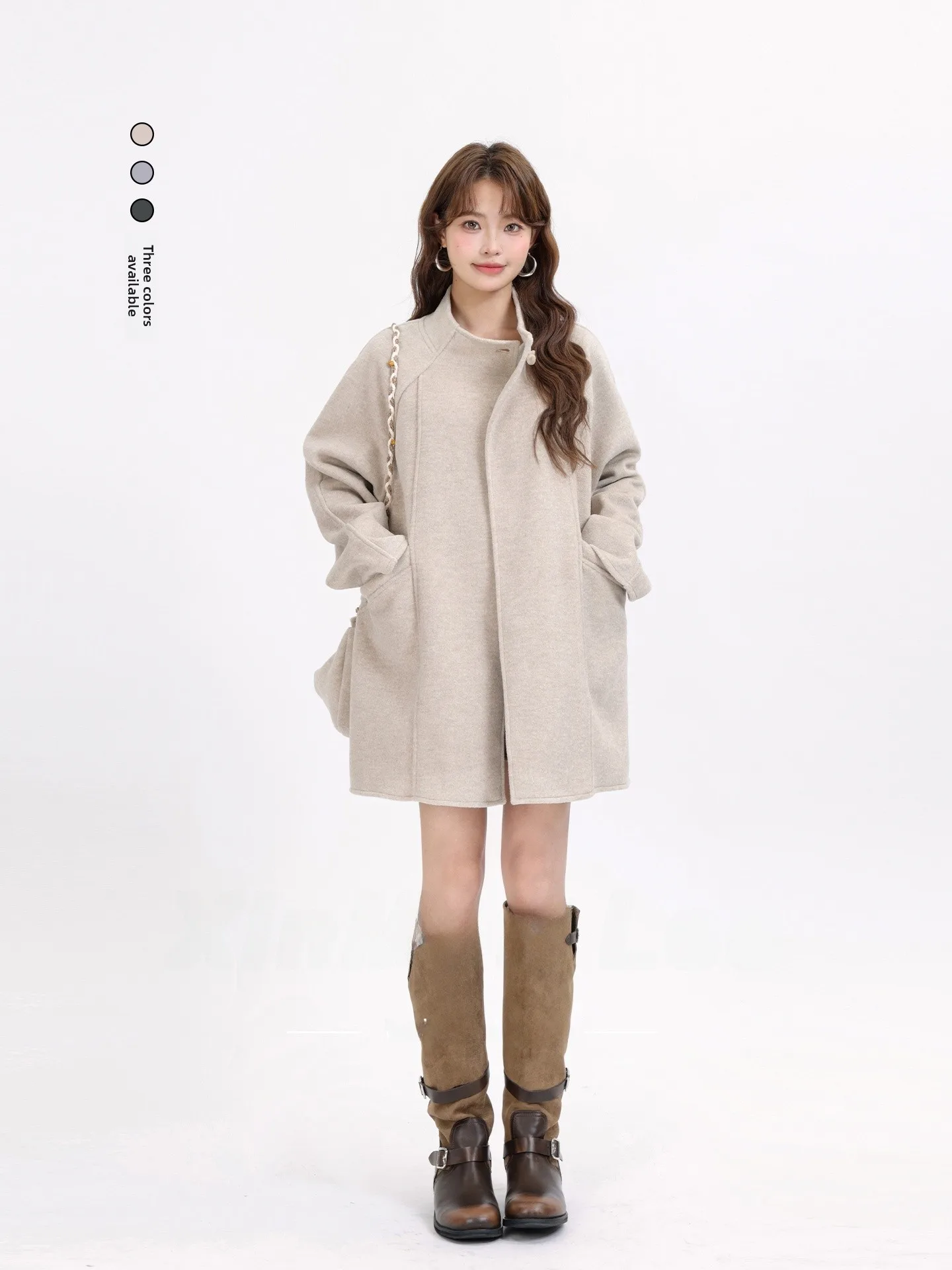 

Ele двустороннее шерстяное пальто женское с воротником-стойкой осень-зима модное утягивающее корейское пальто средней длины