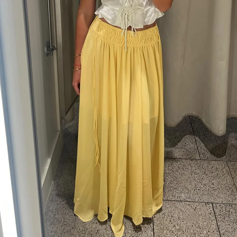 Talenza Solid Pleated Skirt For Women Side Drawstring Elasticated Waist Skirt Summer Fashion Lady Loose Chiffon Elegant Skirts