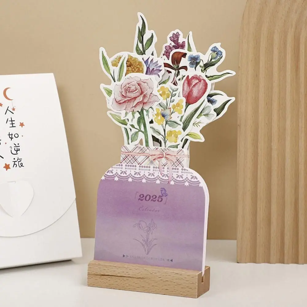 With Base 2025 Desktop Calendar Paper Craft Card Insert Design Floral Desk Calendar Traditional Snake Year Wooden Calendar Home