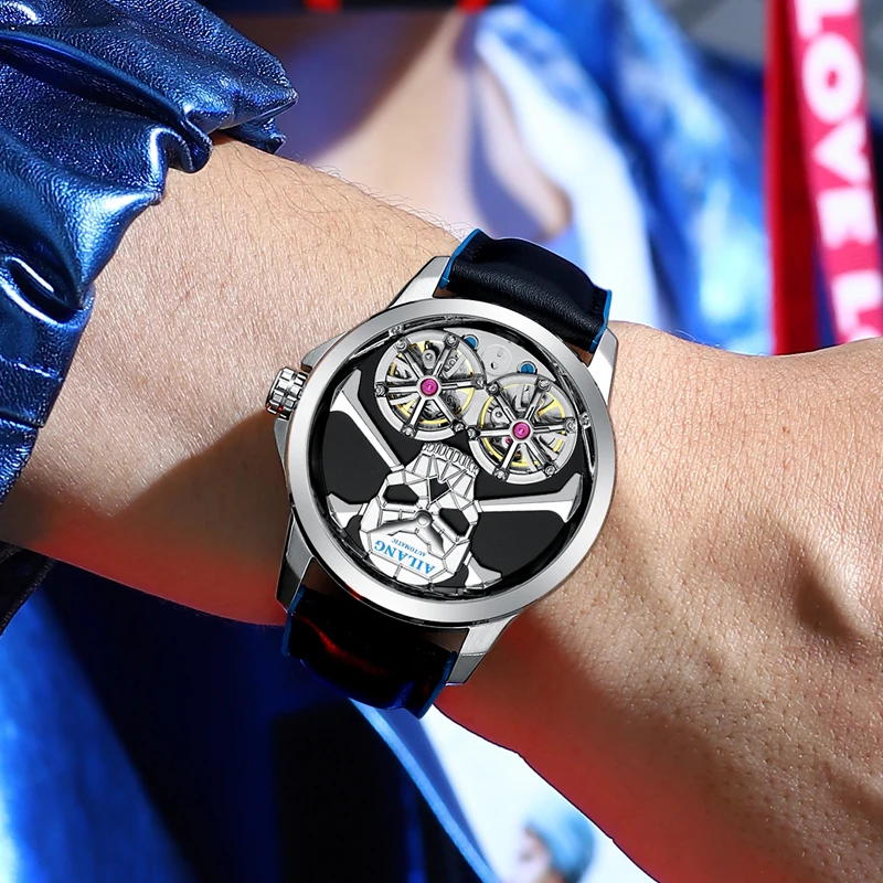 فاسق البخار الجمجمة اثنين توربيون تصميم رجل ووتش جوفاء التلقائية الميكانيكية للماء الرجال التلقائي ساعة اليد للرجال #4