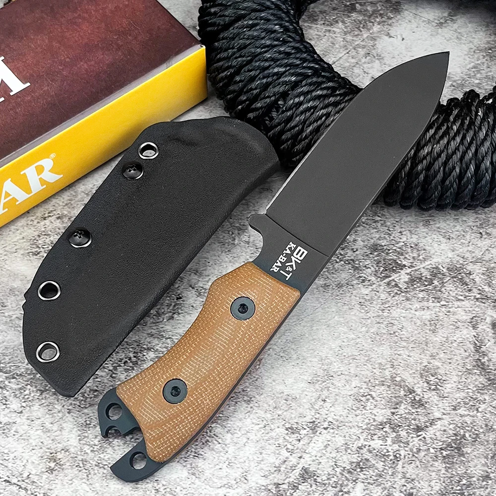 Cuchillo Multifuncional BK11 para Camping, Senderismo y Picnic, Hoja Fija D2, Mango de Lino, Herramienta Práctica para Exteriores y Mochila