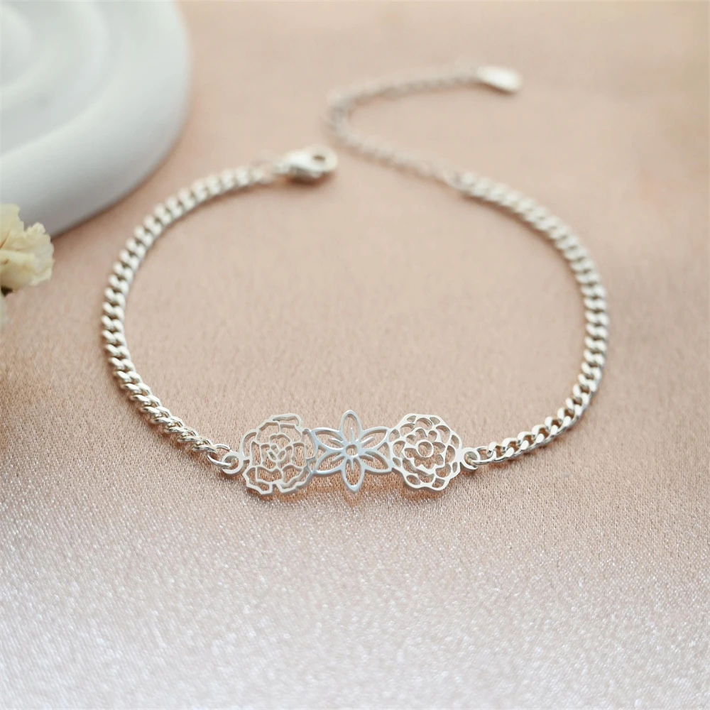 Personalized Stainless Steel Birthflower Bracelet Family Jewelry Custom Flower Charm Bracelets Mom Sister Birthday Gift