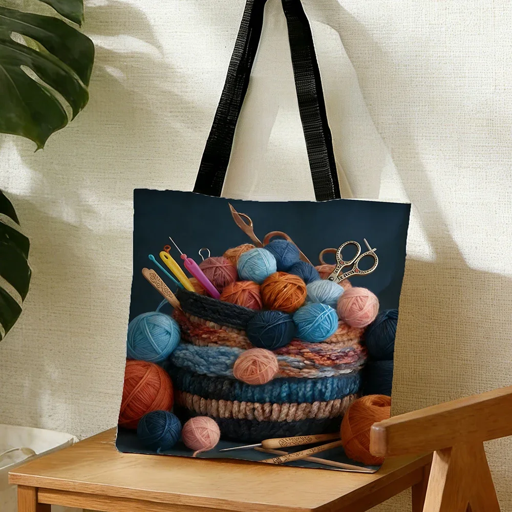 1pc  Cozy Knitting Yarn Canvas Tote  Must-Have for Crafters! Vibrant Yarn Ball Print, Artistic  Durable
