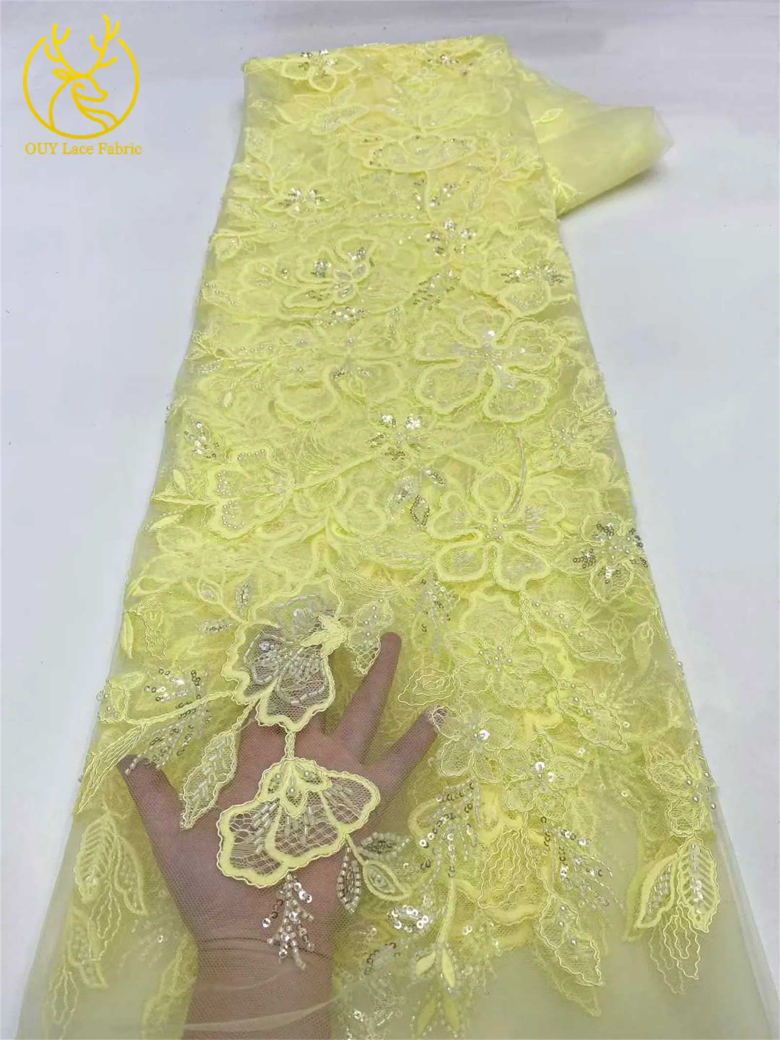 Damen Brautparty-Kleid Pailletten Tüll Bestickter Spitzenstoff 2026 Hochwertiger Nigerianischer Französischer Perlen-Spitzenstoff 5 Yards – Detail 12