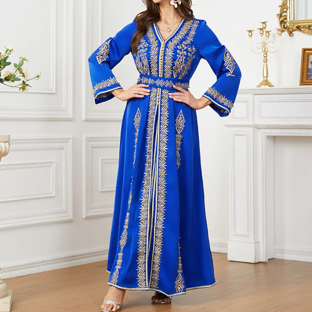 

Blue Morocco Kaftan Dubai Turkey Evening Long Dress For Wedding Party Ramadan Muselin Robe With Belt Sunday Pentecost Embroidery