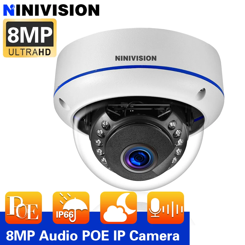

NINIVISION 8MP 4K POE IP Camera Vandal-Proof Waterproof Outdoor Dome POE Camera System Audio Record Motion Detection Waterproof