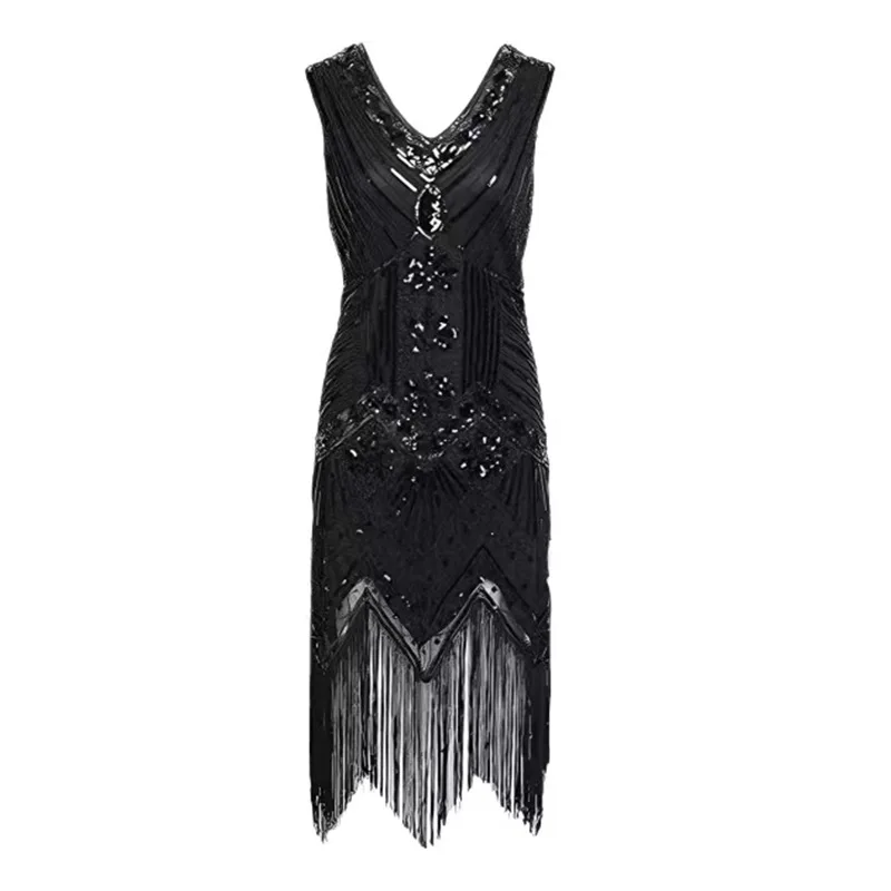 Europe and America Glamorous Sequin Beaded Fringe Dress Vintage Sleeveless V Neck Fashion Prom Evening Gown Wedding Party