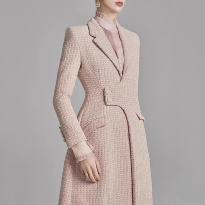 QMQA-Manteau en tweed rose pour femme, coupe-vent amincissant, manches longues, revers, taille haute, élégant, mode, nouveaux vêtements, 1A922, 2025