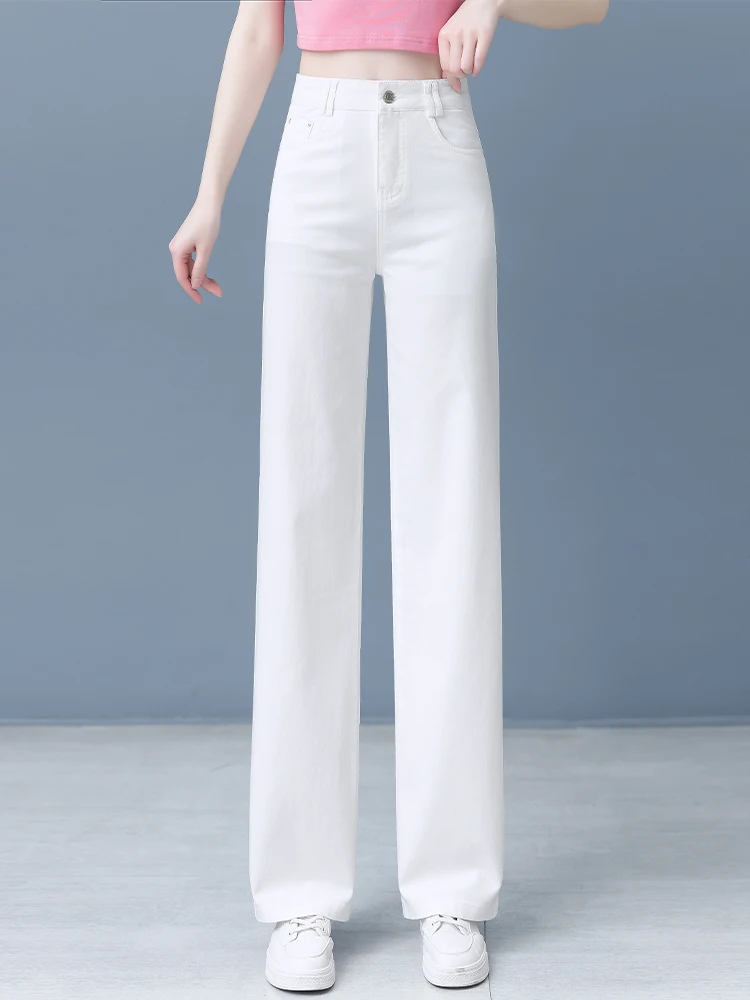 

High Waist Straight Leg Cotton Denim Pants Women's Casual Trousers Spring Summer New Style White Loose Fit Wide Leg Pants