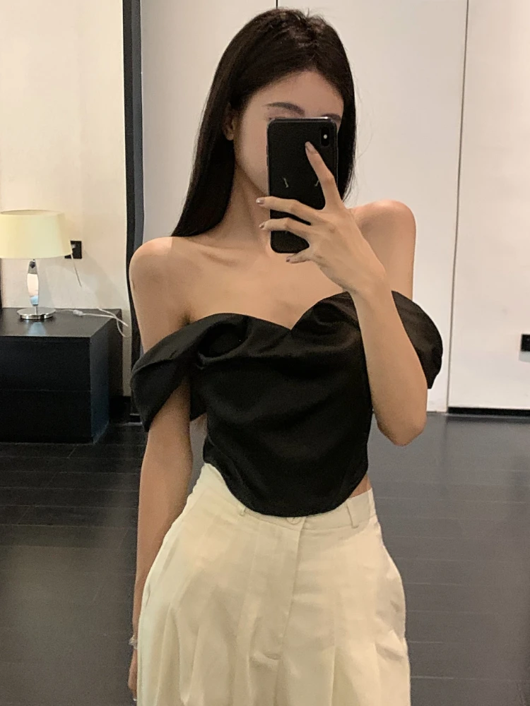 Blouses Women Simple Charming Slash Neck Design Streetwear Romantic Solid Retro Elegant Summer European Style Off Shoulder Daily