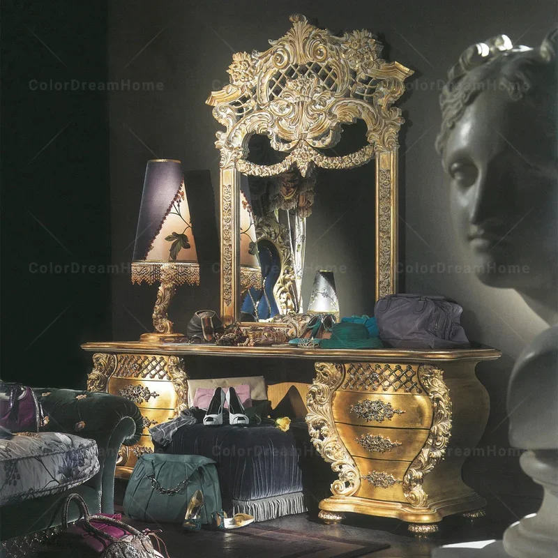 Baroque furniture gold dressing table with mirror and drawers for Bedroom