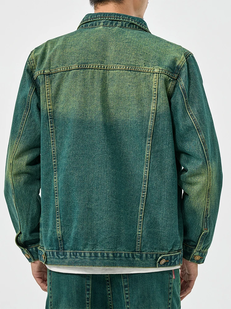 Water ghost green high-end American casual denim suit men's high street tide retro loose jacket large size workwear jacket