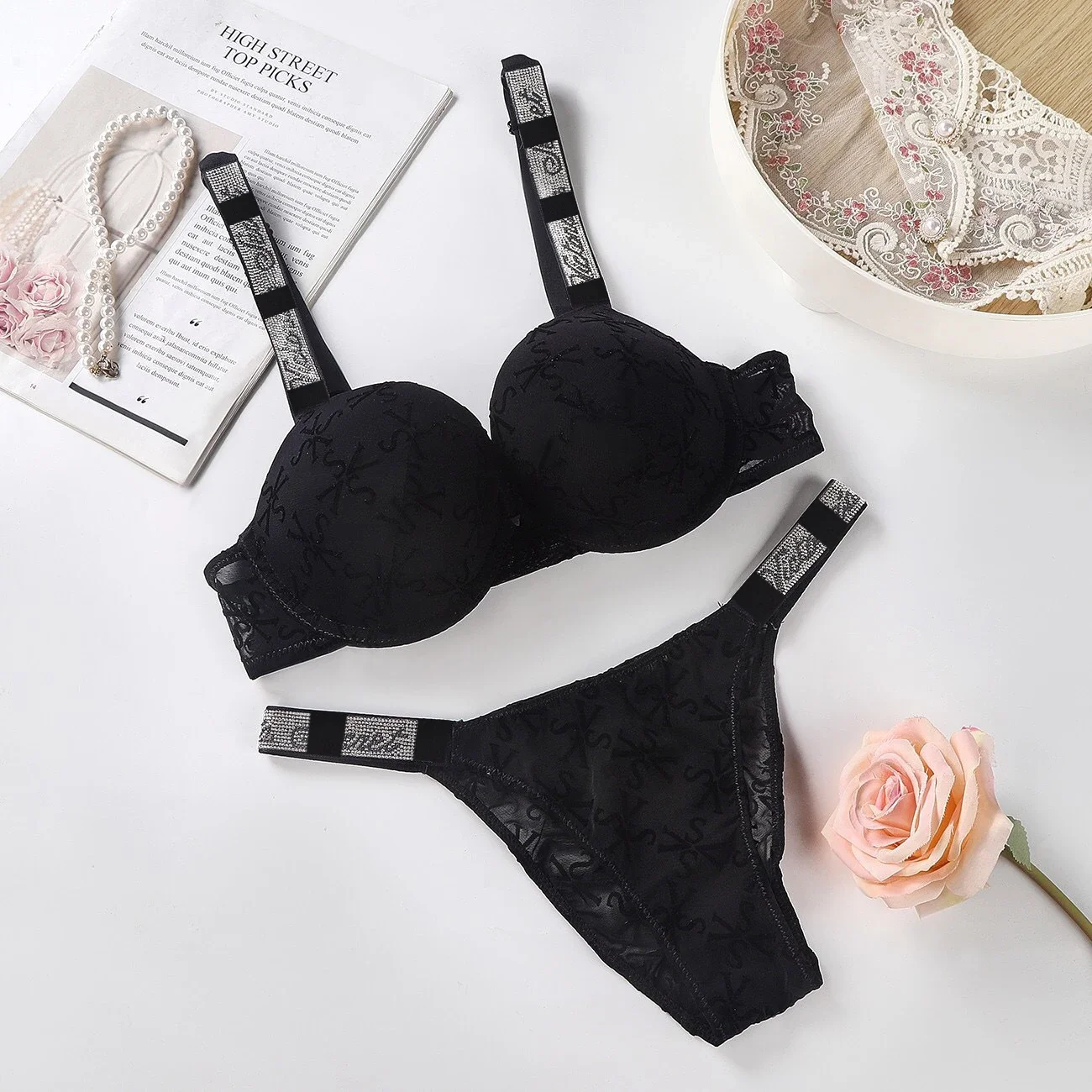 Rhinestone Letter Bra and Underwear Set Sexy Women\'s Underwear 2-piece Set Push Up Underwear Luxury Comfort Plus Size Bra Wholes