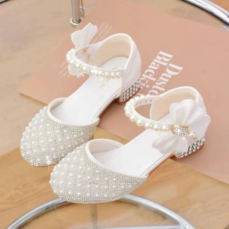 Princess Girls Party Shoes Children Shiny Crystal Bow High Heels Girls Sandals Summer Kids Student Performance Shoes