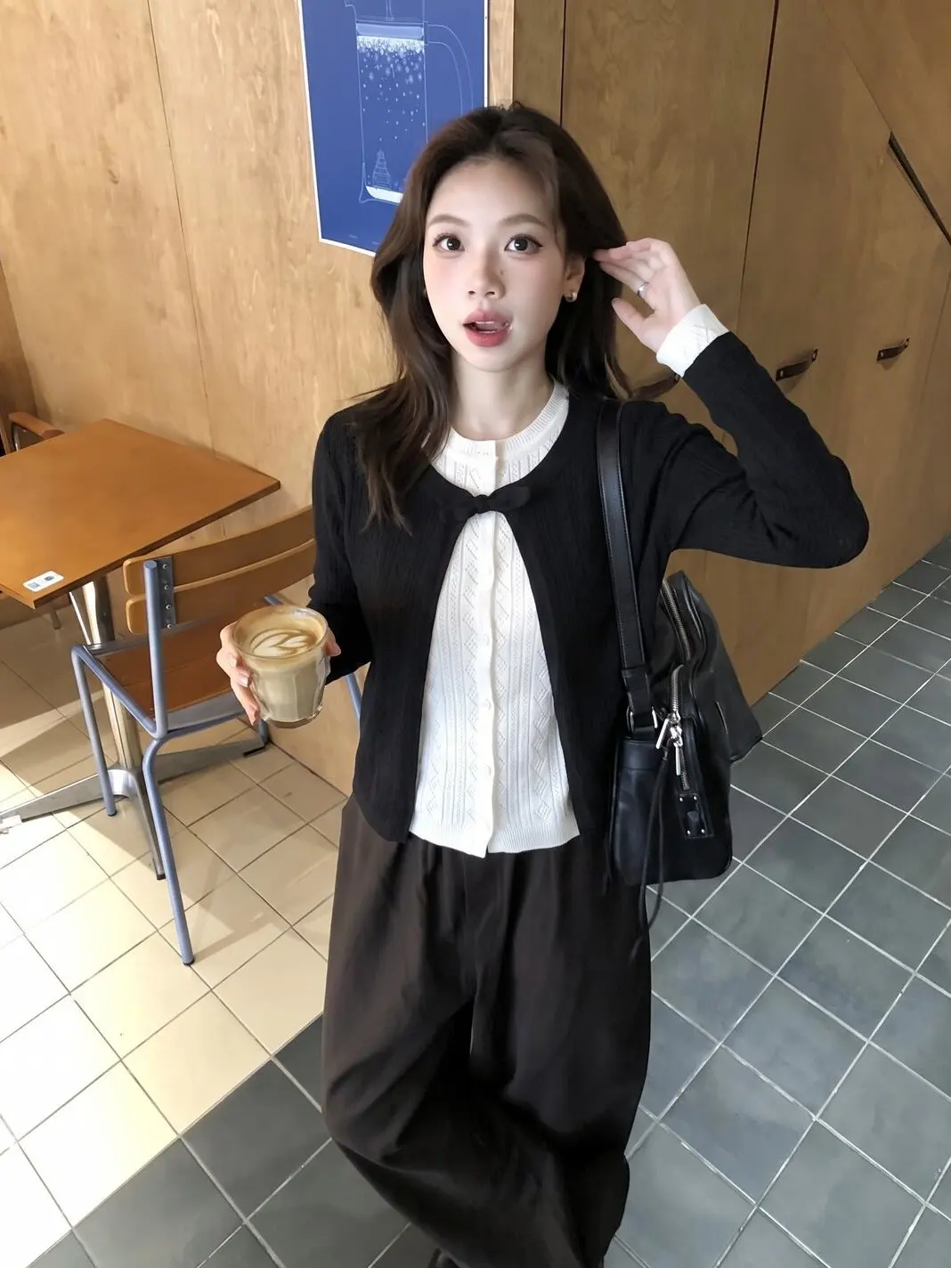 Black Korean Style Knitted Cardigan Women's Autumn Winter Outerwear Lazy Style Sweater Jacket High Awareness Miu Top
