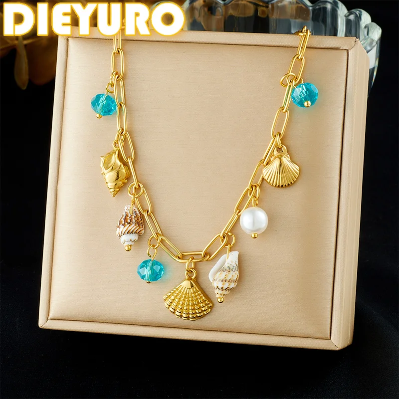 DIEYURO 316L الفولاذ المقاوم للصدأ الأزرق كريستال شل محارة اللؤلؤ قلادة قلادة المرأة موضة جديدة المحيط نمط سلسلة عنق مجوهرات