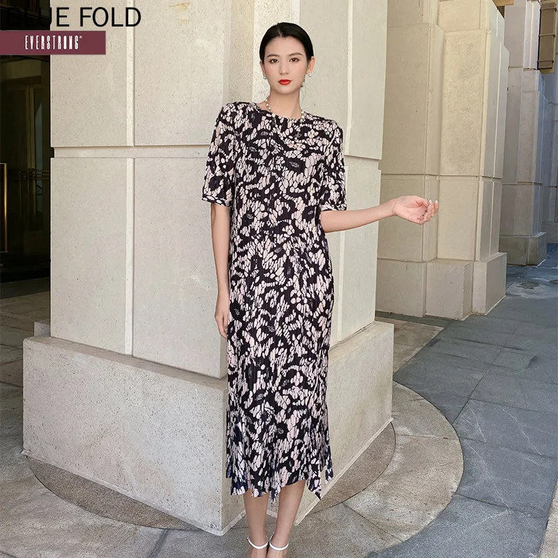 

Miyake Lace Print Dress Temperament Slim Atmosphere Celebrity Light Luxury Floral Princess Sleeves, Long Dress, PLEATS, Elegant