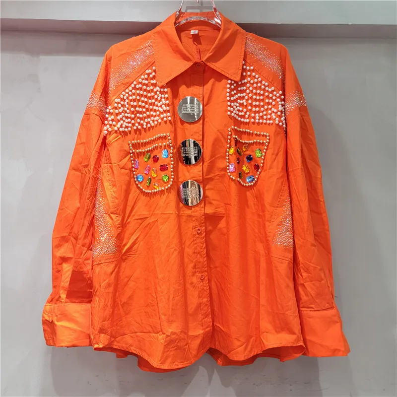 Women's 2025 Spring New Hot Diamond Bead Long-sleeve Chic Shirts Women's Trendy Fashion Loose Medium and Long Shirt Fashion Tops