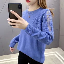 Maglione donna lavorato a maglia scava fuori primavera autunno nuovi pullover a maniche lunghe in pizzo che fondono abbigliamento donna o-collo Pull Femme top