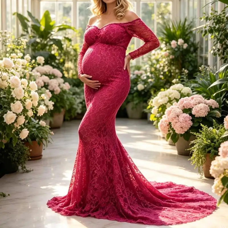 Long Sleeve Maternity Lace Dress Off Shoulder Maxi Gown for Portrait Wear with Full Length Photo for Studio Use