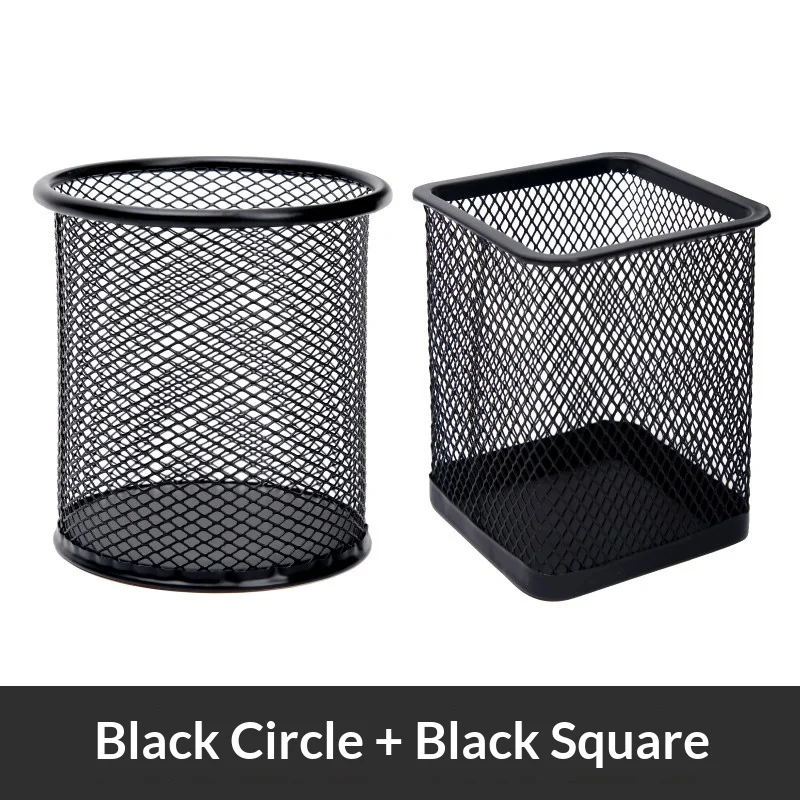 Metal Mesh Pen Holder Round Square Desk Organizer Pencil Pot Multifunctional Stationery Storage Container for Office School