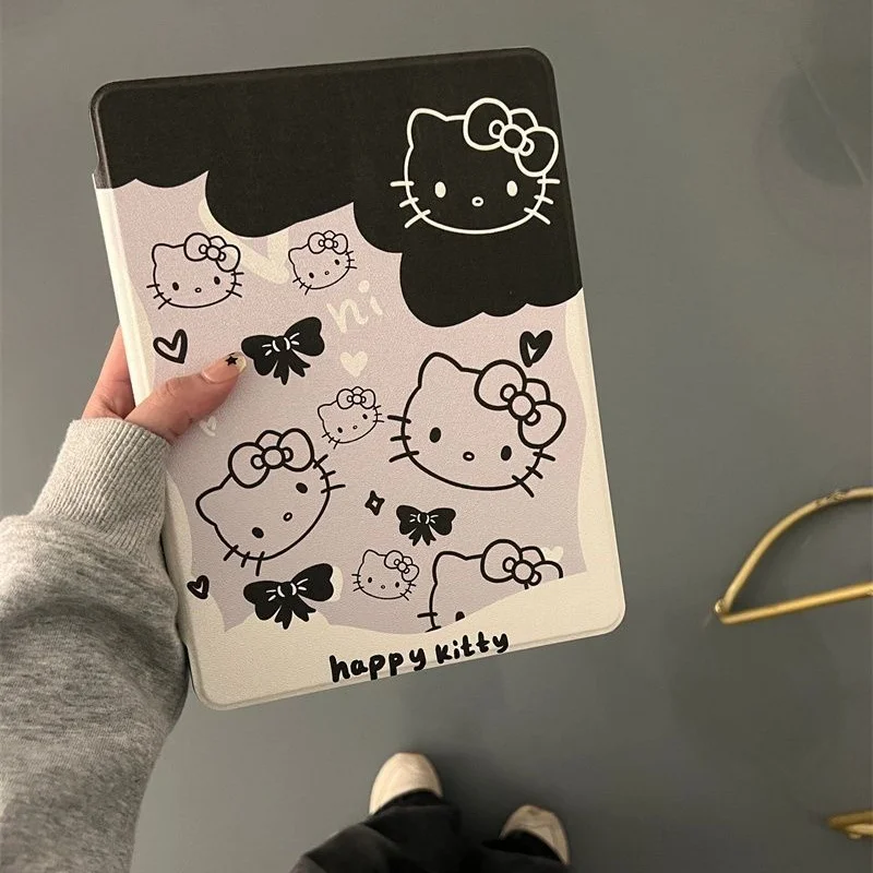 Kawaii Hello Kitty IPad Protective Case Cartoon Black and White Kitty Apply To IPad5/6/7 Ipadpro18/19/20 Air1/2/3/4 Mini4/5/6