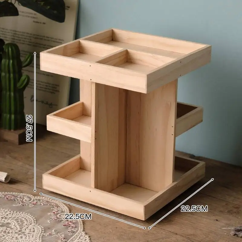 

Bedroom Vintage rotating table storage rack Solid wood dresser desktop Cosmetics skin care lipstick perfume finishing box shelf