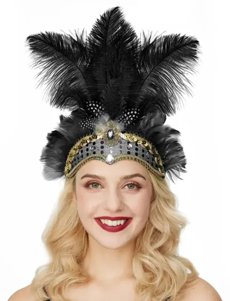 NewCarnival Crystal Crown Feather Headpieces for Women Show Girl Feather Headdress Mardi Gras Accessories 1920s Flapper Headband