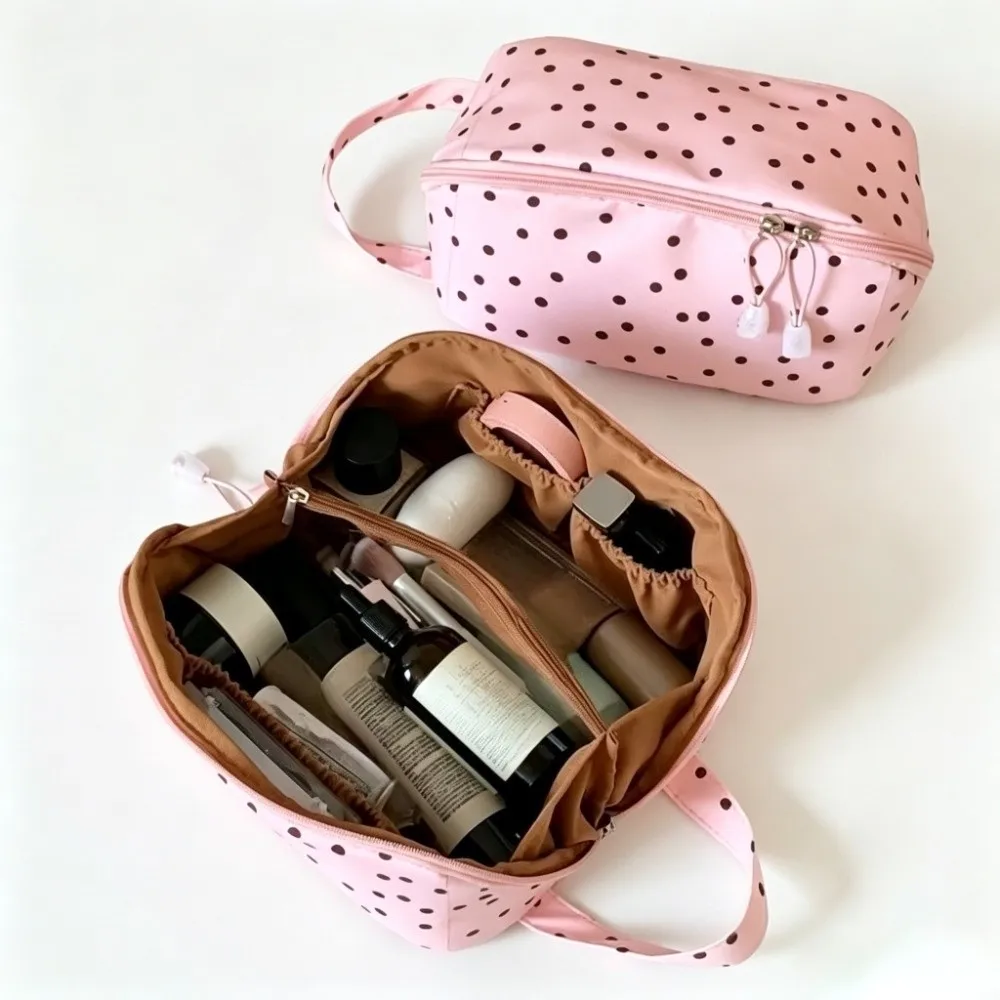 Handy Large Capacity Makeup Bag Portable Multiple Partition Cosmetic Organizer Polka Dot Handheld Toiletry Bag Vacation Trip