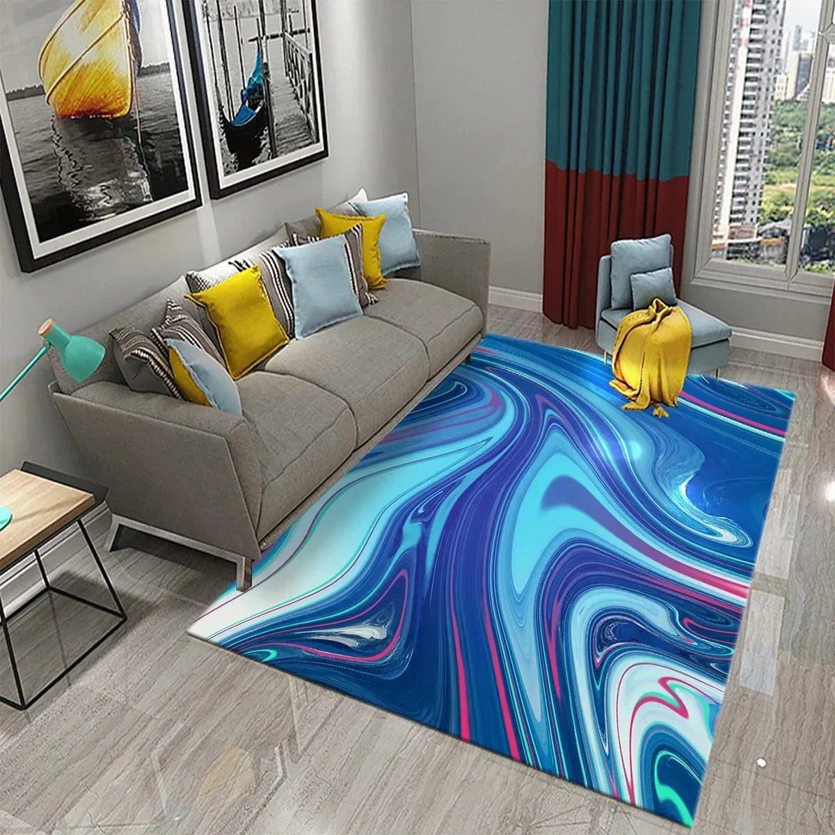 Non‑Slip Soft Large Floor Carpet Modern Vibrant Blue Fluid Marble Swirl Print Area Rug for Living Room Bedroom Office Home Decor