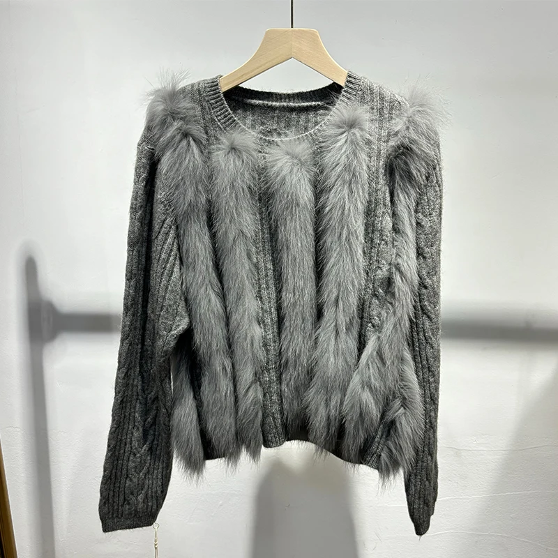 2025 femmes automne chameau classique Streetwear col rond naturel fourrure de renard blanc pull tricoté manteau