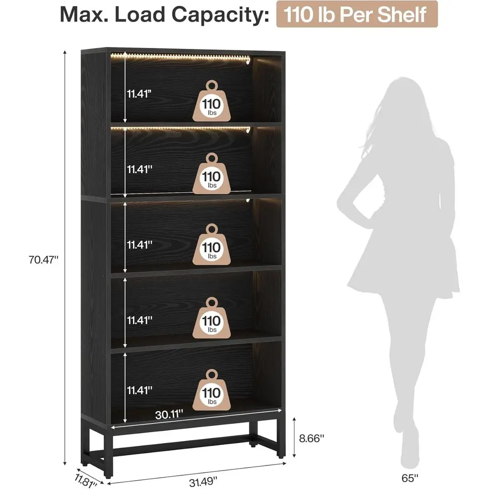 70.8 Black Tall Bookshelf with LED Lights, 5-Tier Heavy Duty Storage for Home