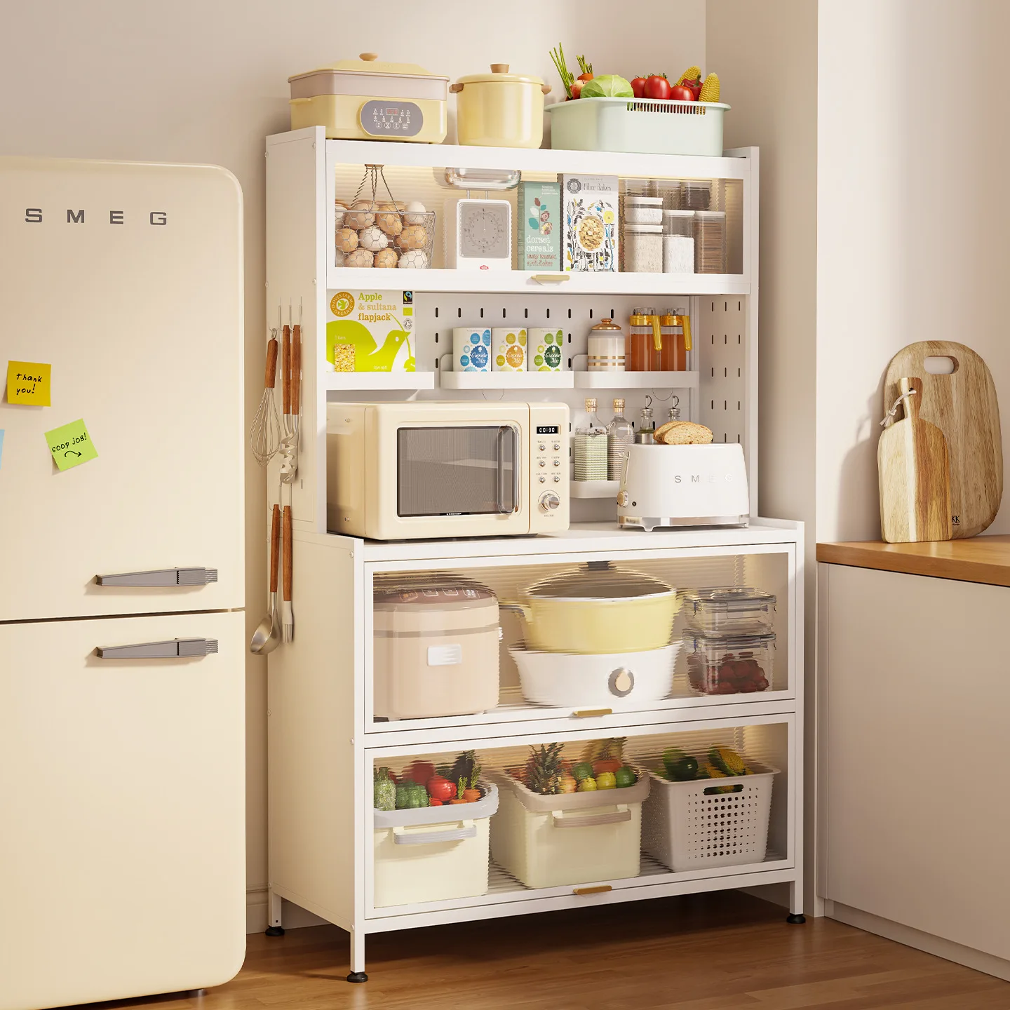 Steel floor-to-ceiling multi-layer storage microwave oven storage cupboard double door cabinet