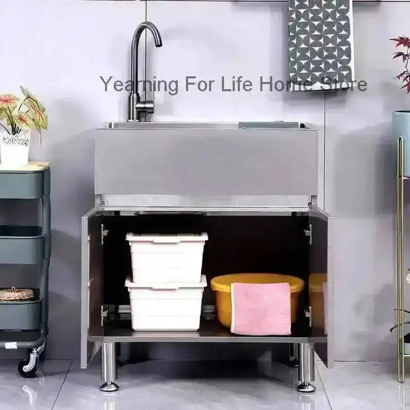 Stainless Sink Integrated Bathroom Cabinet Cabinet Steel Small Apartment Outdoor Floor Wash Basin Balcony Laundry Cabinet