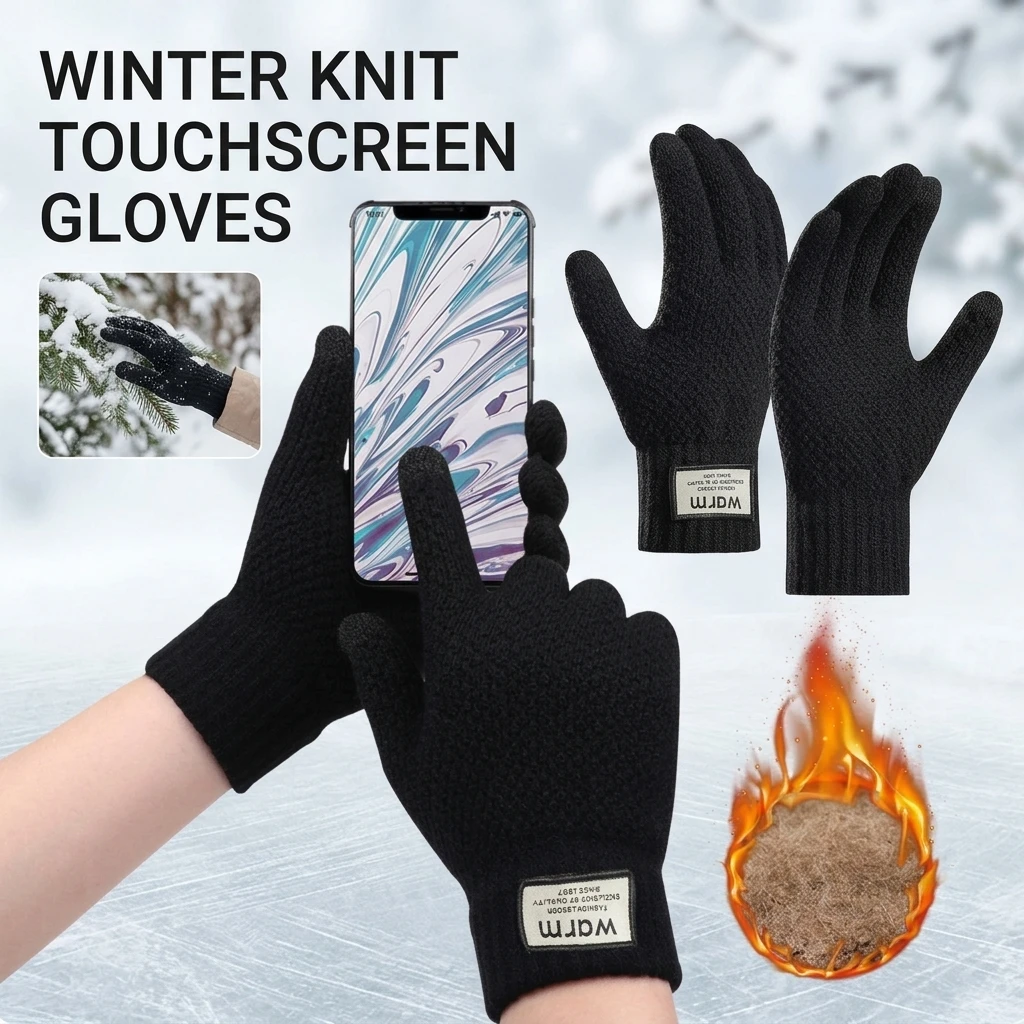 Knit Thermal Men's Gloves Plus-Size Fleece Autumn Winter Soft Thick Elastic Jacquard Wool Touch Screen Warm Gloves