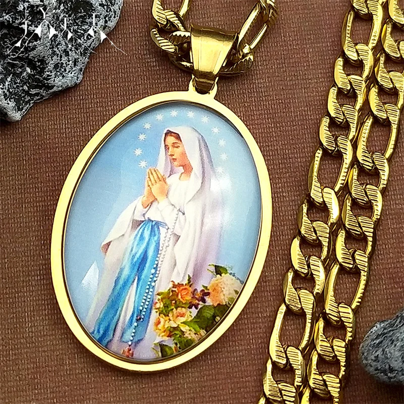 مريم العذراء الزجاج البيضاوي ميدالية قلادة قلادة للنساء الرجال الفولاذ المقاوم للصدأ الهيب هوب الذهب اللون الكاثوليكية تميمة الإيمان مجوهرات