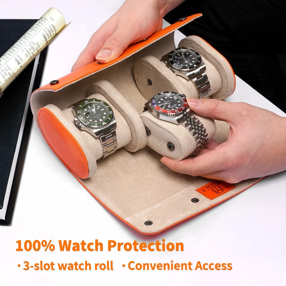 Mozsly Premium Woven Pu Leather Watch Roll, Luxury 3-Slot Safeguard Travel Case with Velvet & Detachable Pillows for Men