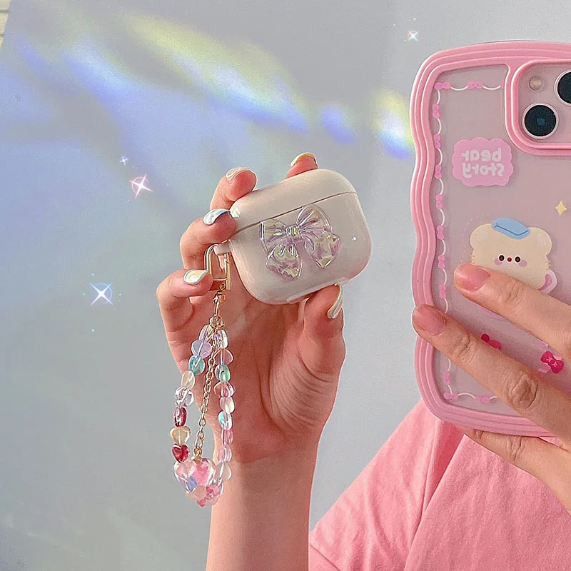 INS น่ารักเลเซอร์โบว์โบว์กล่องหูฟังสำหรับ Apple AirPods 3 Bluetooth หูฟังสำหรับ AirPods 2 Pro AirPod ฝาครอบสีสันพวงกุญแจ