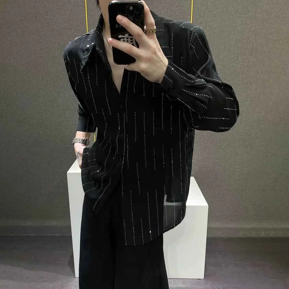 Mens Autumn Shirt Striped Hot Diamond Shiny Ballroom Shirt Streetwear Fashion All-Match Long-Sleeved Top Men'S Clothing 2025 New