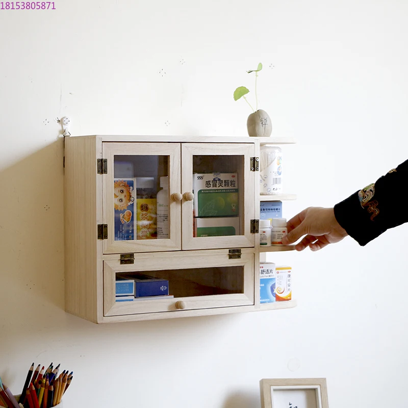 Solid wood dustproof drug storage rack Household wall-mounted non-punching drug storage box
