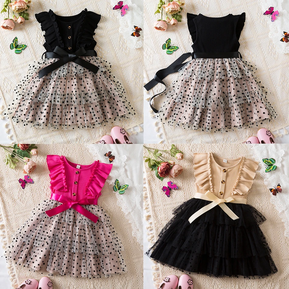 Girls Casual Sleeveless Dress Children Daily Wear Clothes Polka Dot Print Bowknot Vestido Kids Birthday Charm Costume