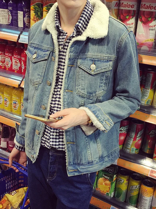 جاكيت دنيم مبطن بالصوف السميك للرجال، معطف قطني سميك بتصميم عتيق مع ياقة فرو، ملابس علوية عصرية للشباب