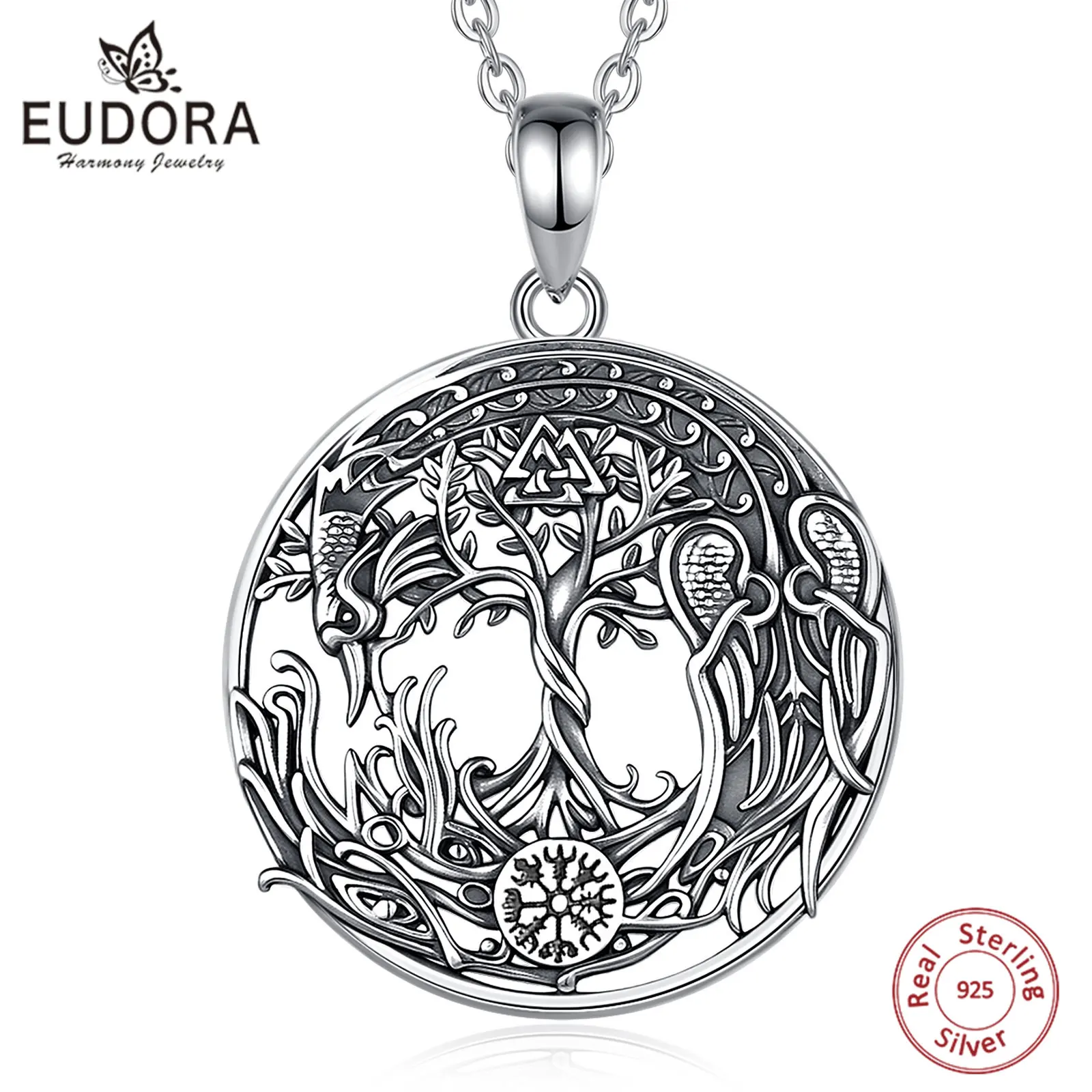 Eudora 925 Sterling Silver Phoenix Necklace Vintage Compass Tree of Life Pendant Viking Amulet Jewelry Party Gift for Women Men