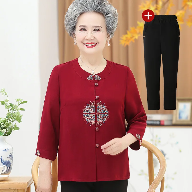 Fdfklak Middle Aged Elderly Mother's Two Piece Set 3/4 Sleeve Trousers Suit For Women Spring Fall Buttons Shirt Sets L-5XL