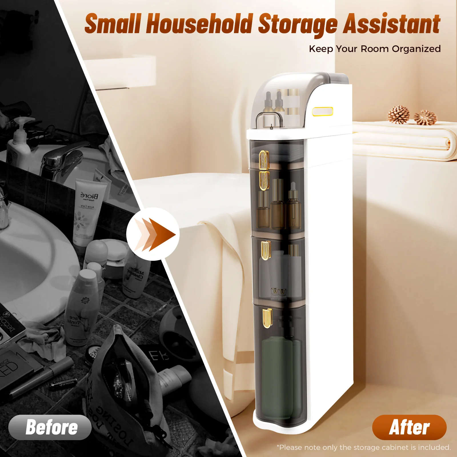 

Bathroom Floor Cabinet Organizer 4-Tiers Free Standing Holder Storage, Plastic Narrow Slim Storage Cabinet with Drawers