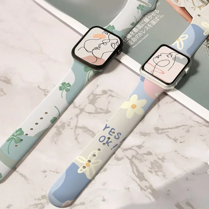 Printed Band For Apple Watch strap 44mm 45mm 41mm 46mm-40mm Ultra 2 49mm Women Silicone bracelet iWatch Series 10 9 8 7 6 5 4 SE